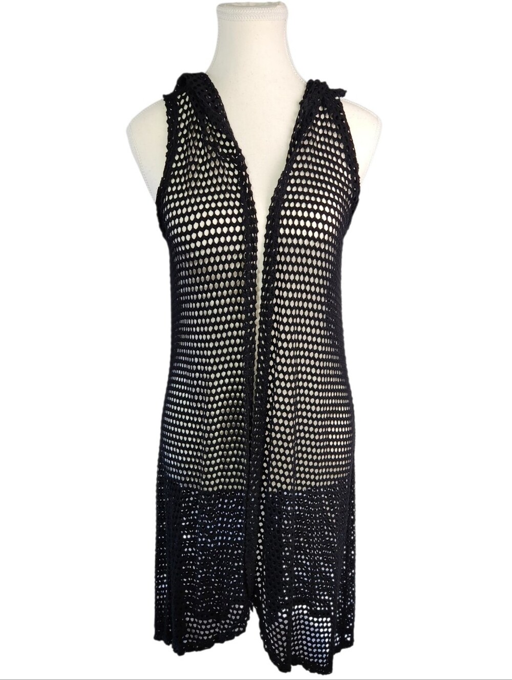 SJS Black Mesh Hooded Open Front Vest Cover Up Size L Sleeveless Fishnet Duster